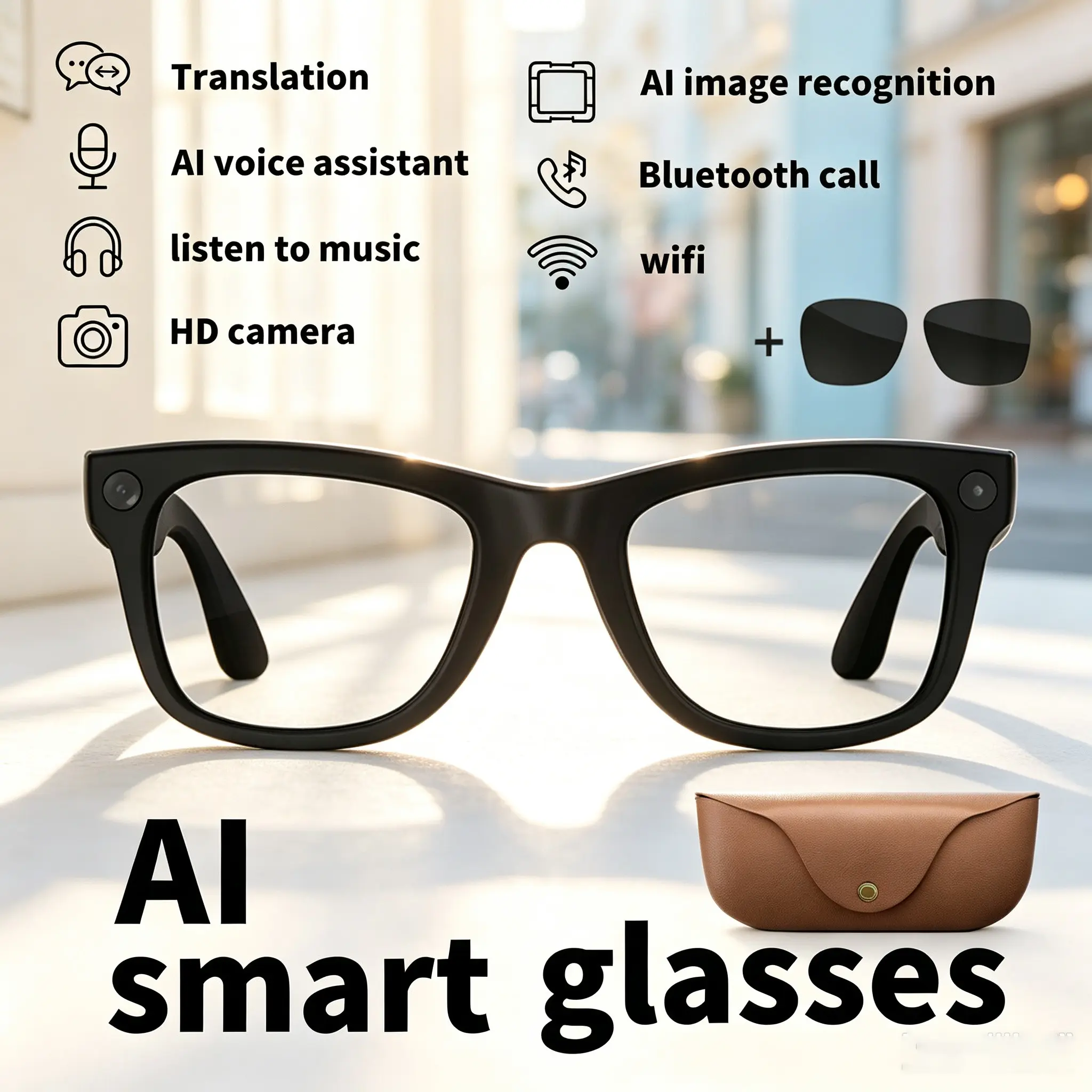 Business Smart Glasses, HD Camera, 300mah Battery, Bluetooth-compatible V5.3, Real-Time Translation, UV Protection, Unisex, Office & Daily Use