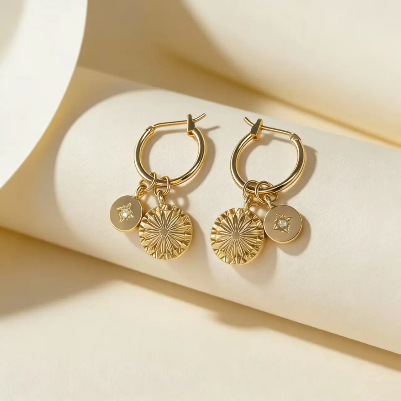 14K Gold Double Layer Hoop Drop Earrings|Vintage Sunburst Coin & Micro Pave CZ North Star Pendant, Dainty Stackable Statement Jewelry, Ideal Accessory For Daily Casual Party Banquet, Perfect Gift For Women Teen Girls