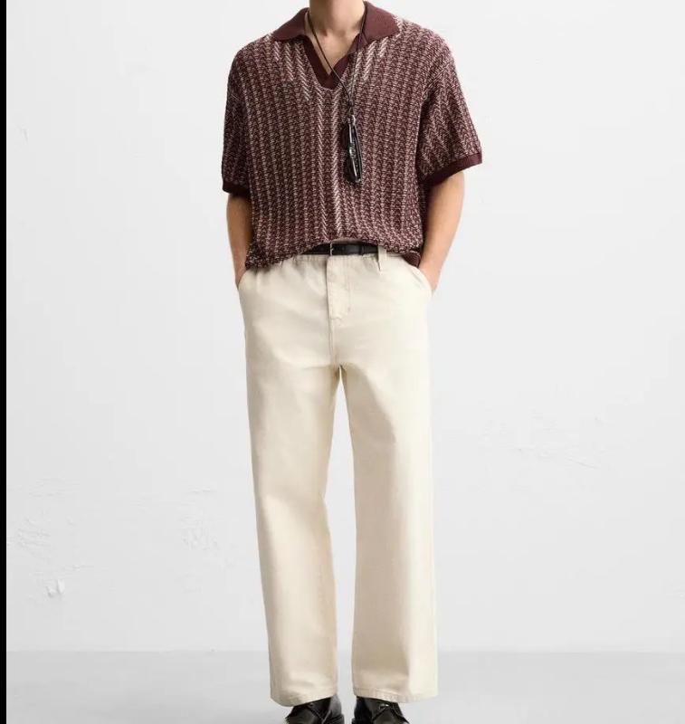 Kyn Apparel Men Brown Chevron Knit Polo Shirt Short Sleeve Loose Fit Retro Casual Textured Contrast Collar Top