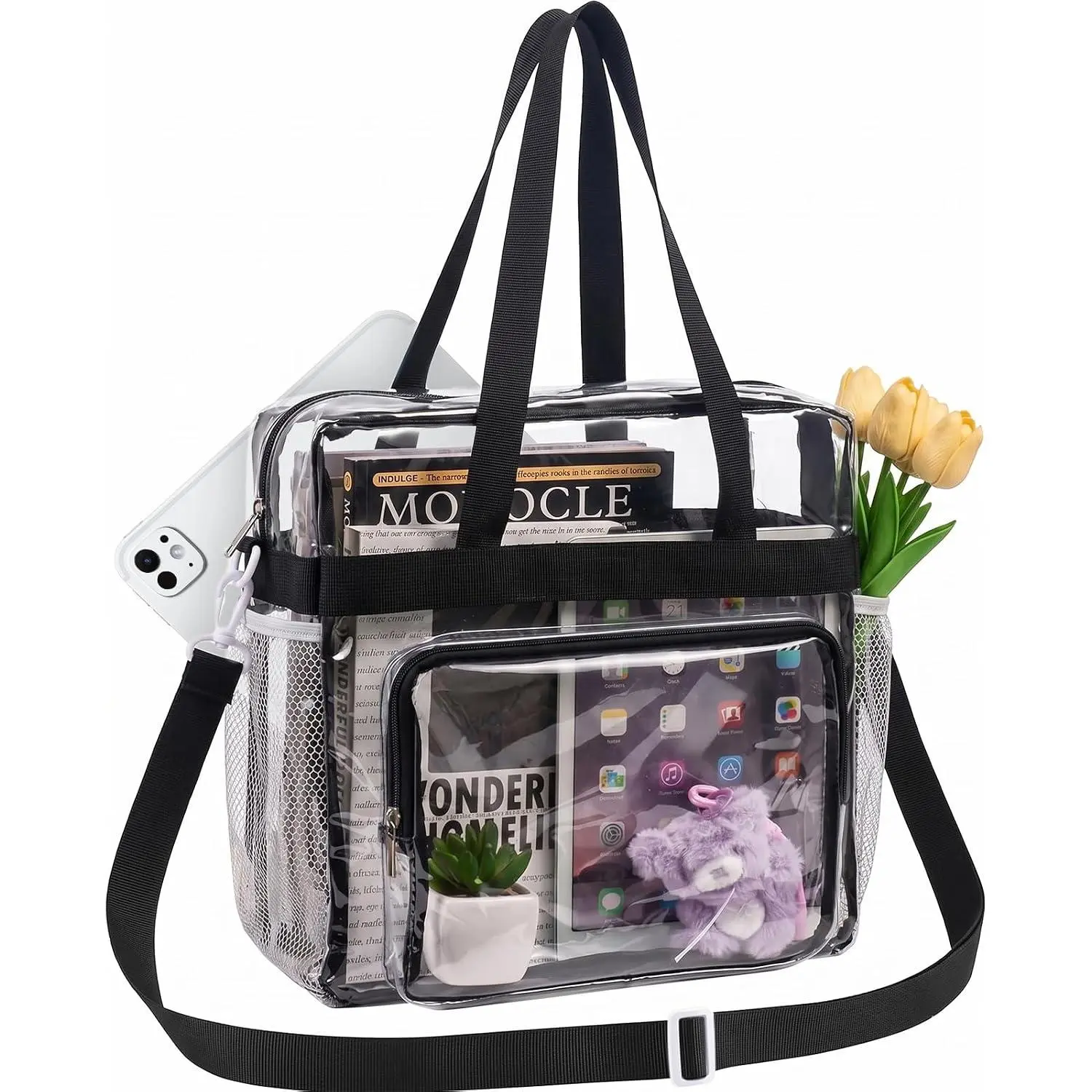 Clear Tote Bag for Stadium Events 12x6x12 inches, Triple-Pocket with Reinforced Strap, for Concert, , Festival