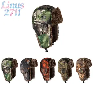 Tree Camo Trapper Hat Thick Faux Fur Lined Ear Flap Windproof Thermal Ski Bomber Cap Adjustable Strap Outdoor Hunting Fishing Winter Cold Weather Headwear