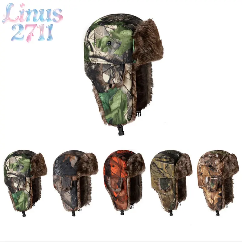 Tree Camo Trapper Hat Thick Faux Fur Lined Ear Flap Windproof Thermal Ski Bomber Cap Adjustable Strap Outdoor Hunting Fishing Winter Cold Weather Headwear