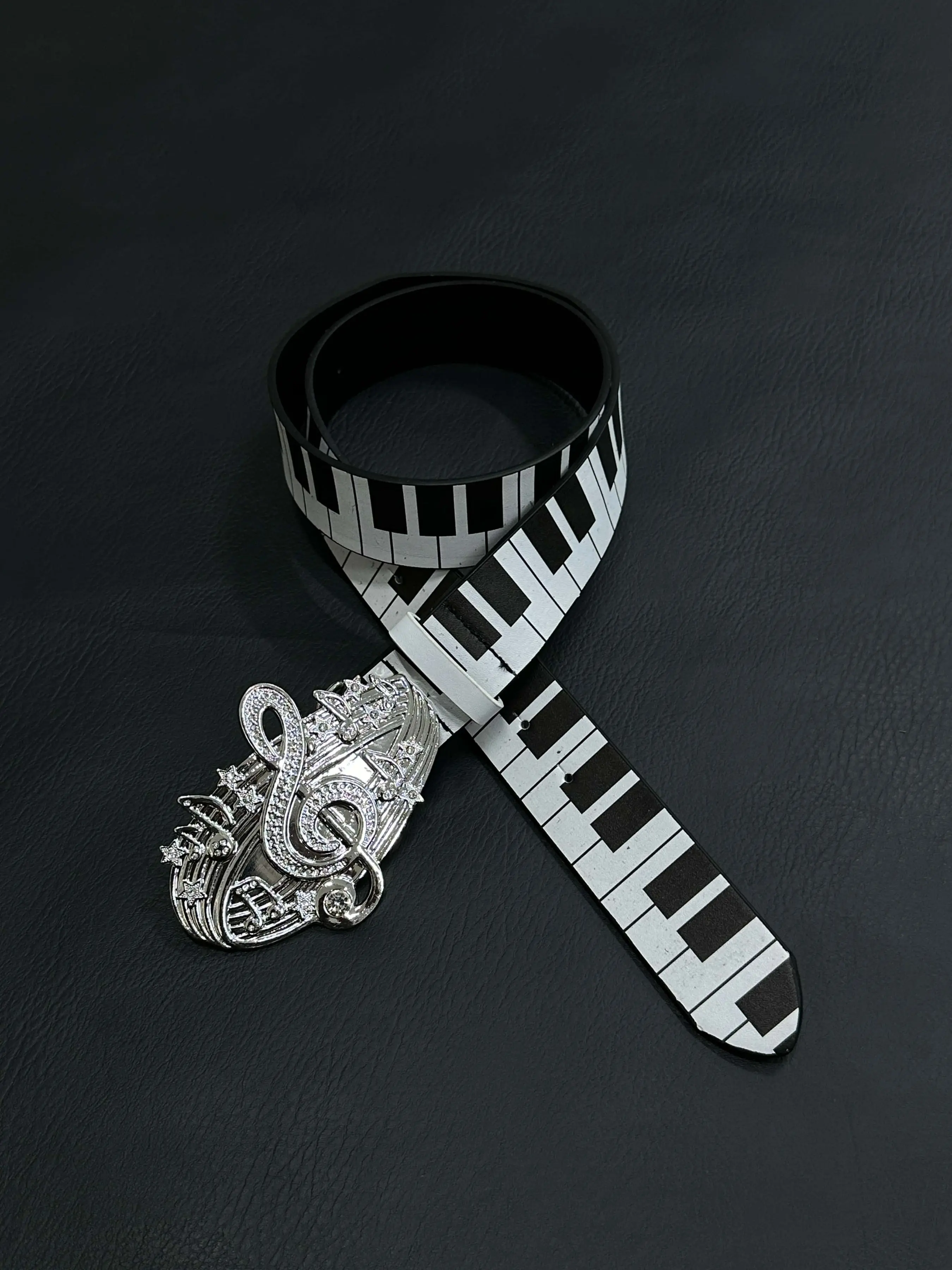 Artist Piano Note Belt with Buckle, Keyboard Pattern, Silver Color Music Buckle, Street Fashion Accessory, Punk Style, All Seasons