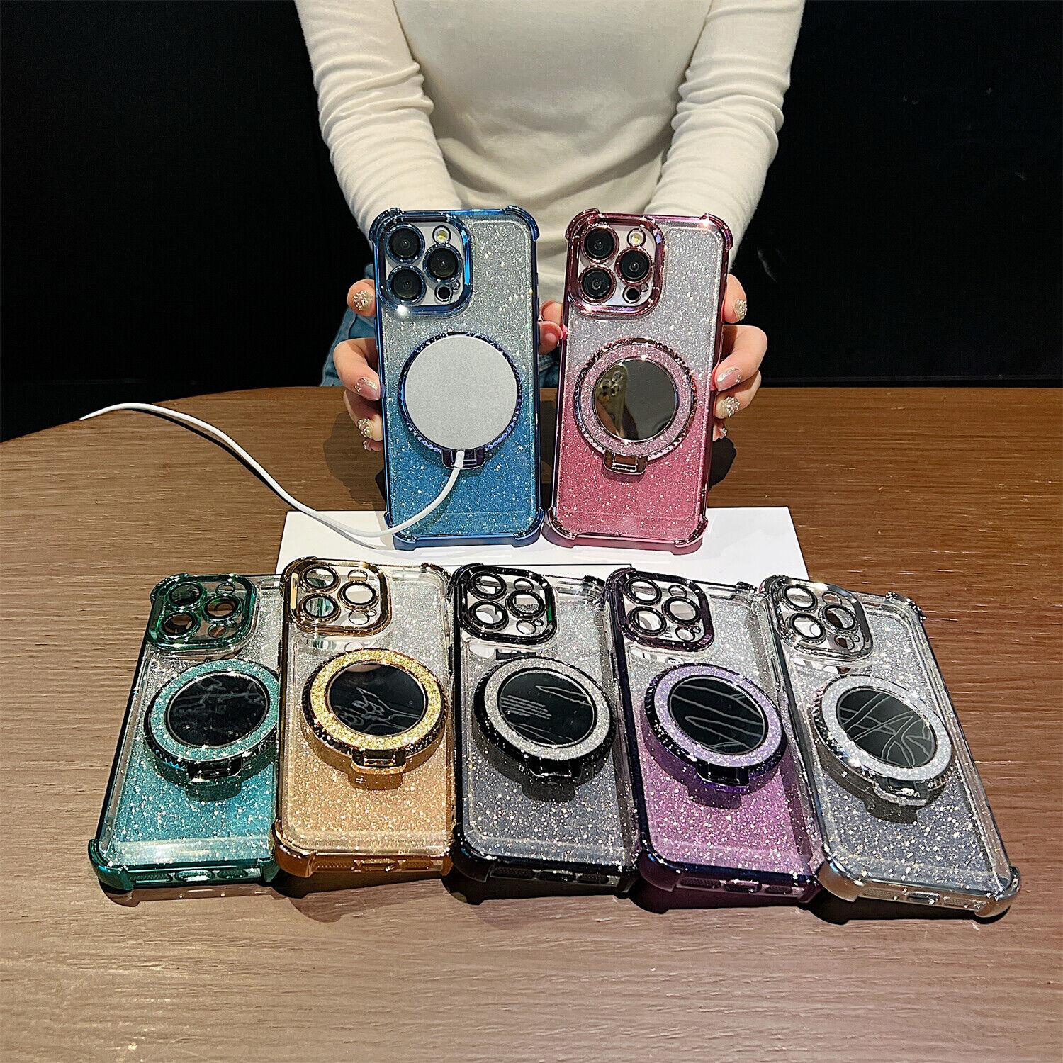 OREKROY Mirror Bling Case Ring Kickstand MagSafe Cover For iPhone 16 Pro Max 15 14 13 12,Anti-fall Shockproof Bling-bling twinkle Phone Cover,Phone Accessories