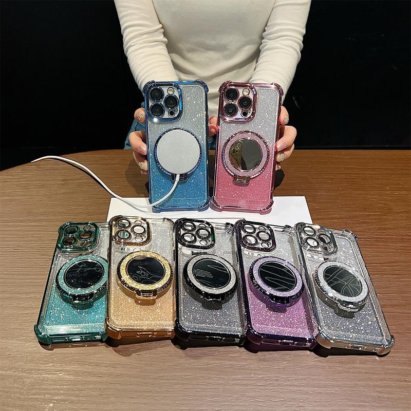 OREKROY Mirror Bling Case Ring Kickstand MagSafe Cover For iPhone 16 Pro Max 15 14 13 12,Anti-fall Shockproof Bling-bling twinkle Phone Cover,Phone Accessories