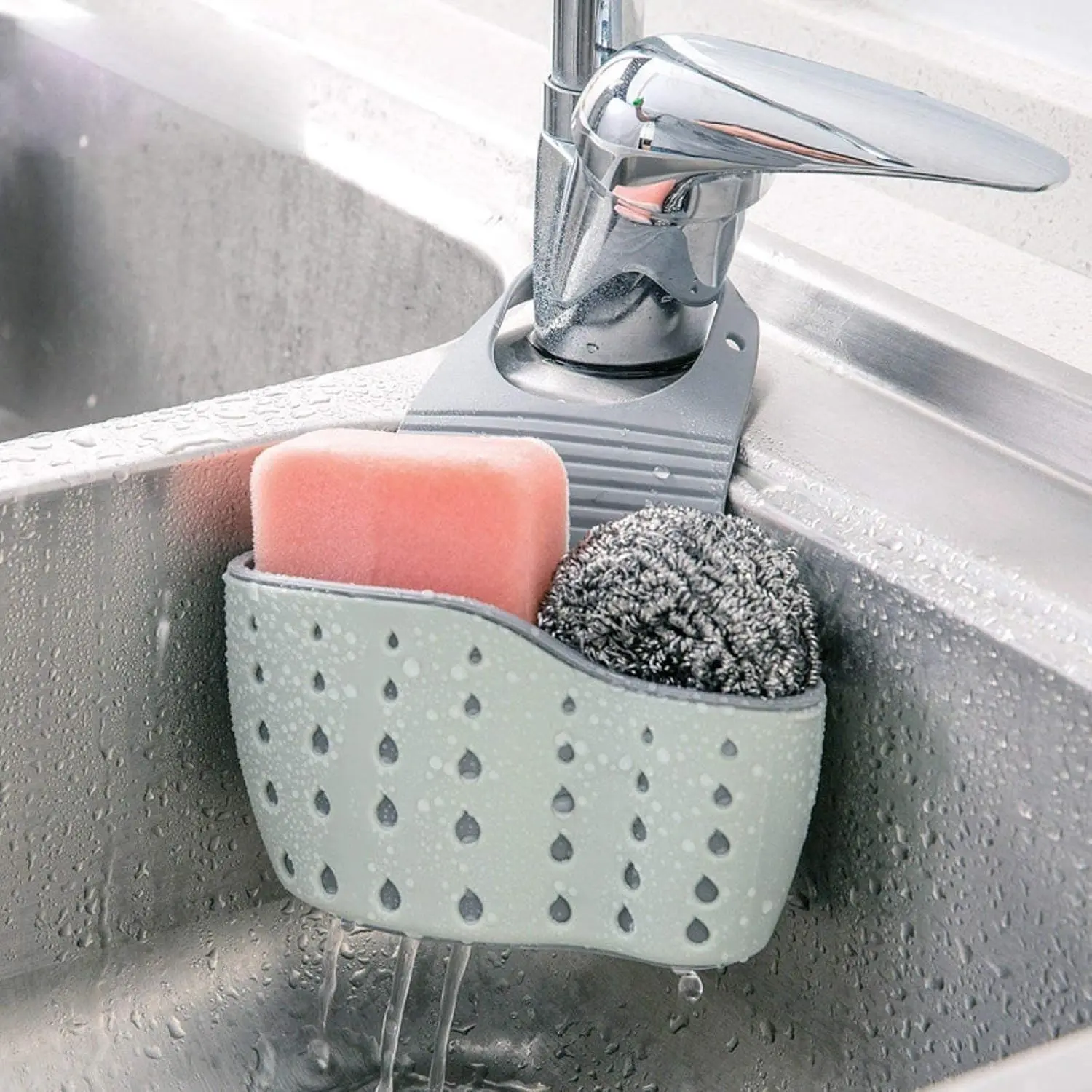 Kitchen Sink Shelf Soap Sponge Drain Rack Holder Double Decker Hanging Basket Storage Suction Cup Kitchen Organizer Sink Accessories Wash Dropshipping-Blue,1Pcs