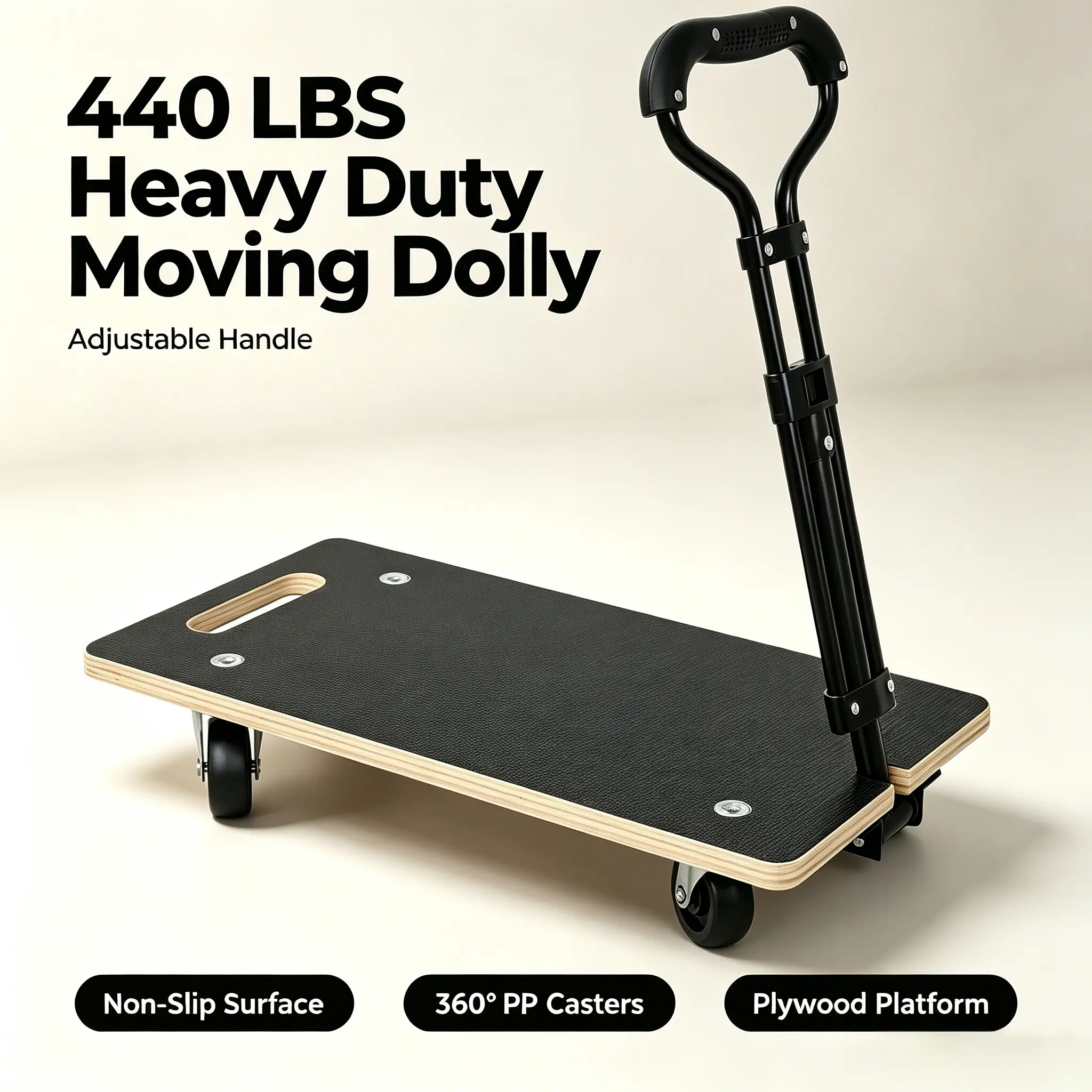 Heavy Duty Wooden Moving Dolly with Ergonomic Handle, 440 LBS Load Capacity 3 Inch PP Casters, Multi-Purpose Transport Cart for Furniture Factory Heavy Goods