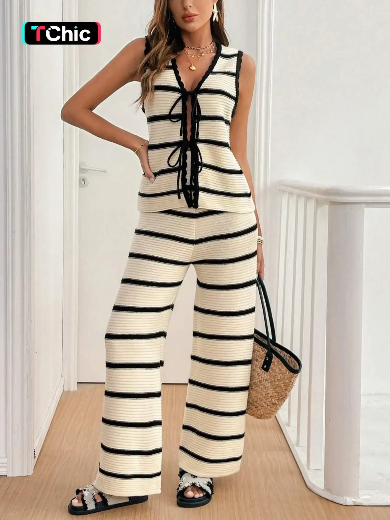 Women's Colorblock Striped Tank Top & Wide Leg Pants Sweater Set, Knit Loungewear Set, Casual Top & Pants Set for Spring & Fall, Women's Summer Clothing Set for Daily Wear, Casual Matching Set, Sleeveless Matching Sets