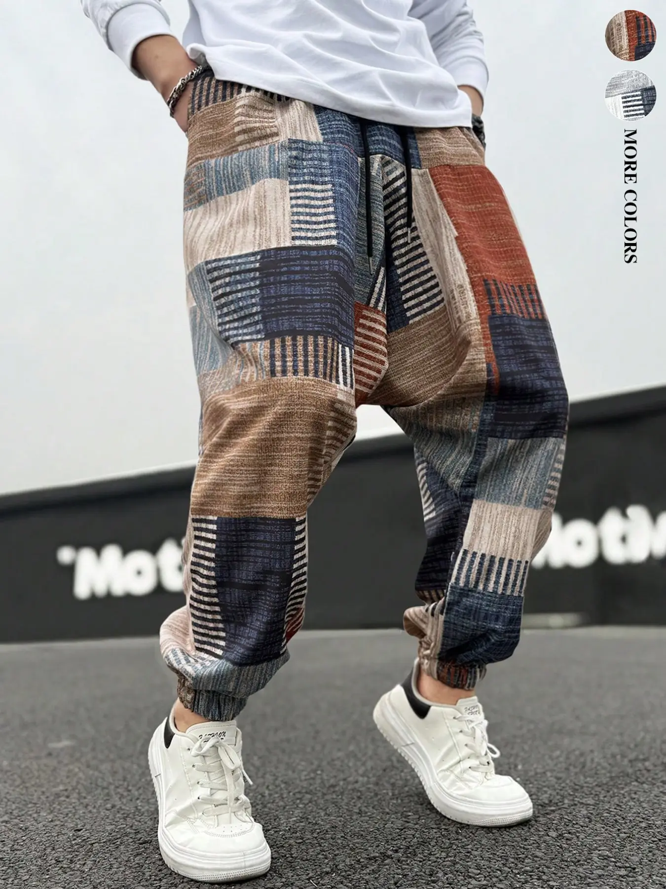 Men’s, Spring/Autumn, Everyday, Bohemian, Vacation Travel, Vintage Patchwork Plaid Print, Harem Pants, Homewear, Workwear, Outdoor, Urban, Loose Fit, Trendy, Casual, Youthful, Minimalist, Retro, Versatile, Premium Texture, Stylish, Individualistic, Sporty