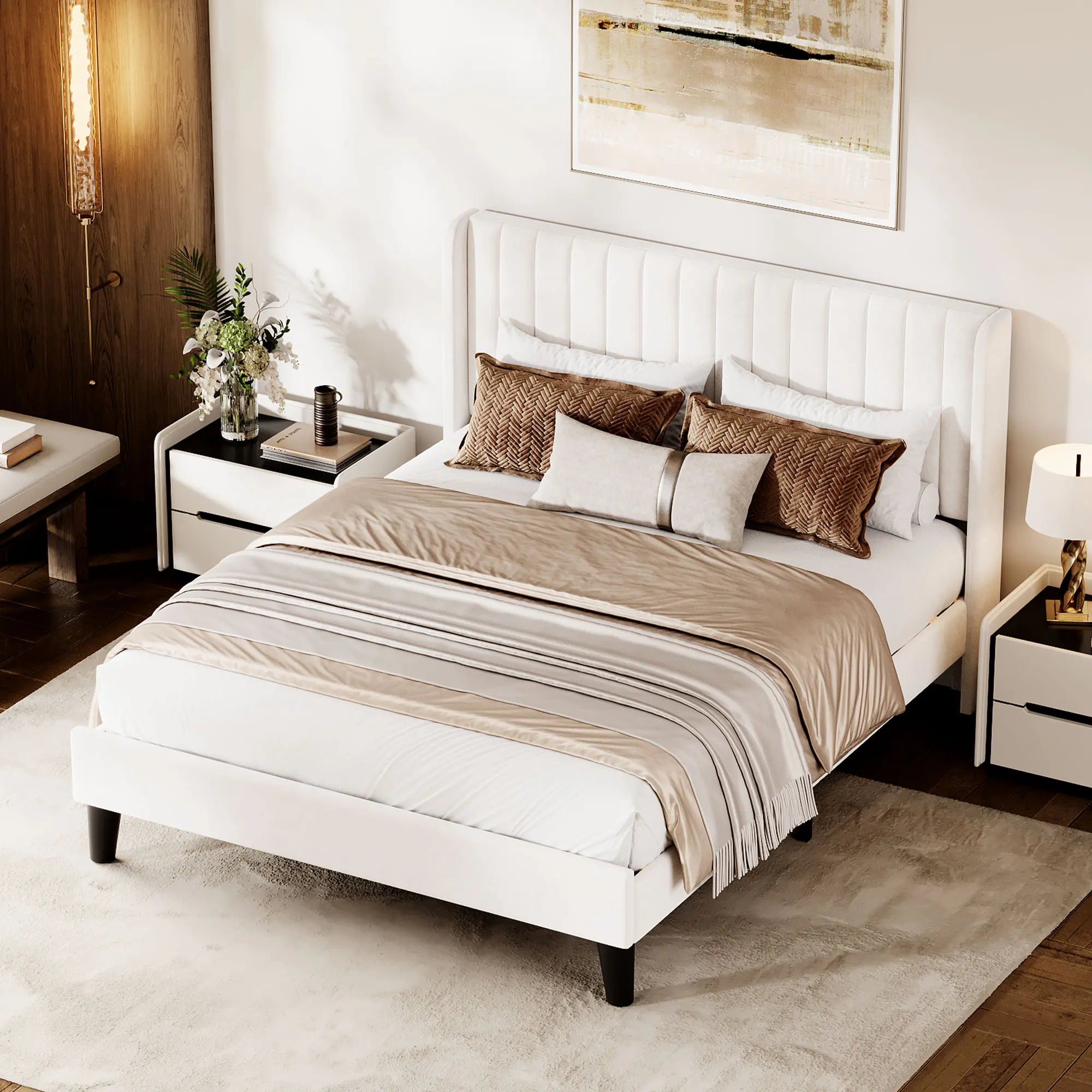 Modern Soft Full Size Platform Bed with Wingback Headboard - Upholstered Bedroom Furniture Set - Sturdy Frame, No Box Seasonal Needed, Easy Assembly, Bed Frames, Queen Bed Frame