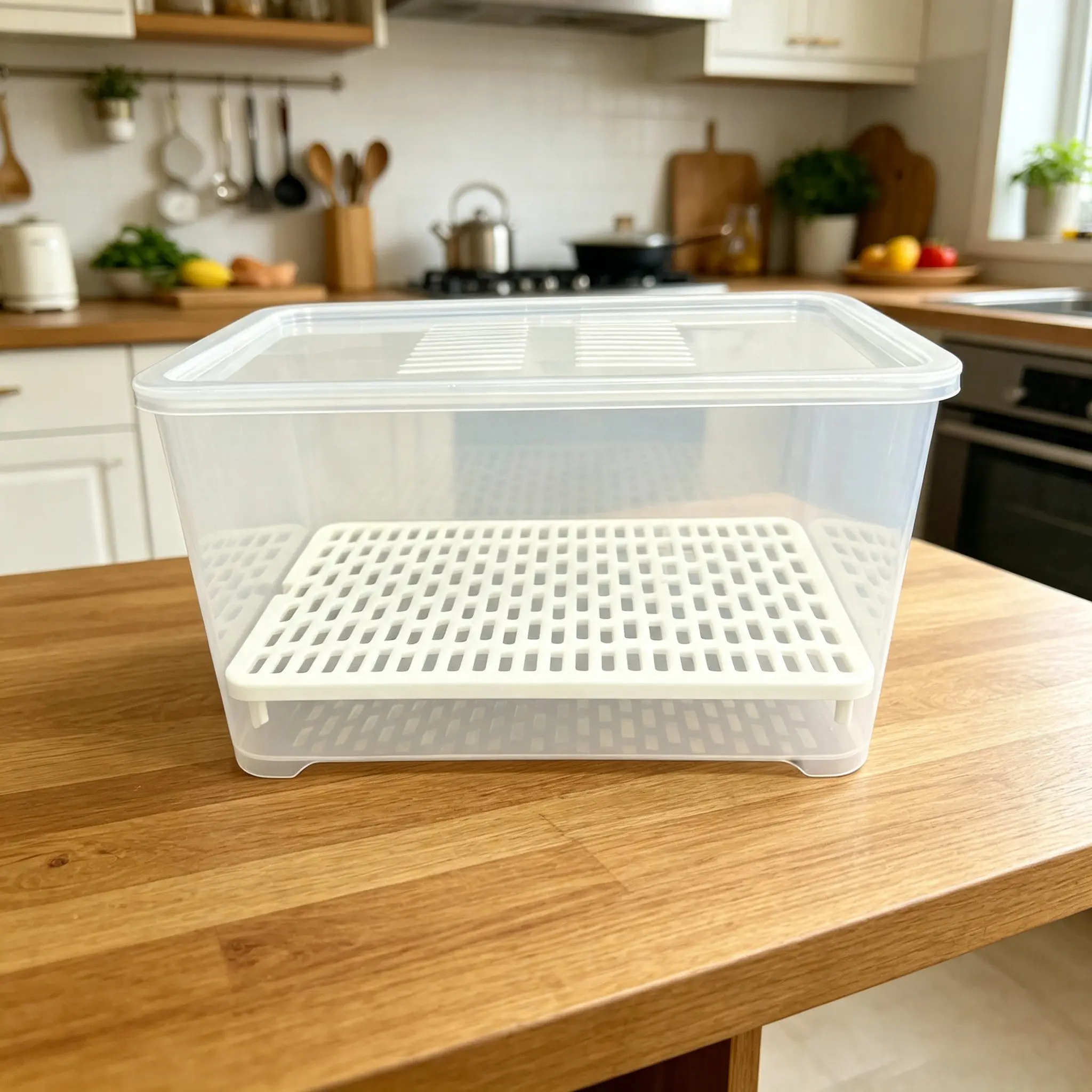 Large Capacity Fruit and Vegetable Drainer Tray, Food Grade Plastic Storage Box, Refrigerator Organizer, Durable Design for Fresh Produce