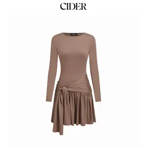 Cider Round Neckline Long Sleeve Tie Side Mini Dress SummerFinds
