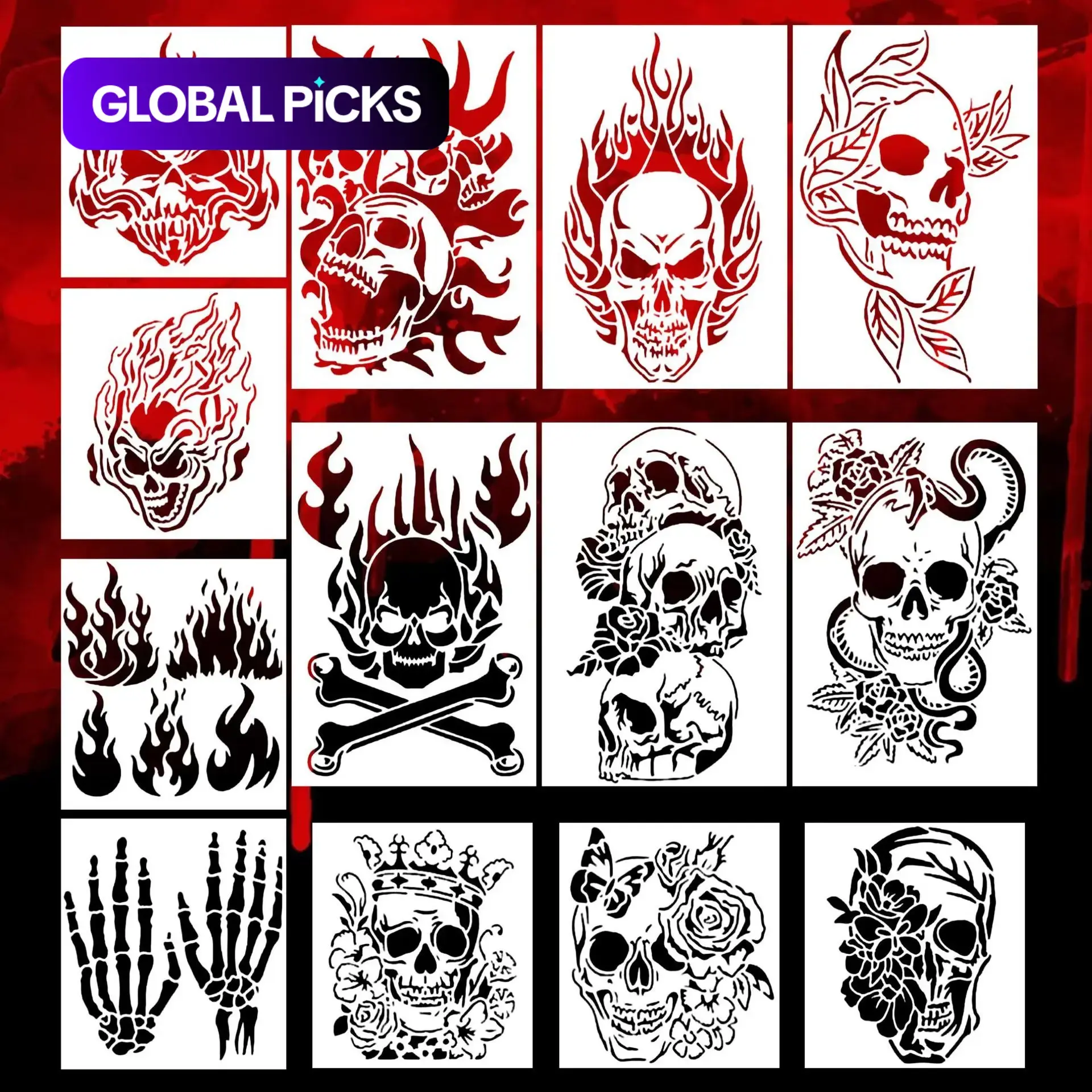 13-Piece Skull Painting Stencil Set, PET Hollow Tracing Templates for DIY Graffiti, Spray Painting & Art Projects #GLOBAL PICKS