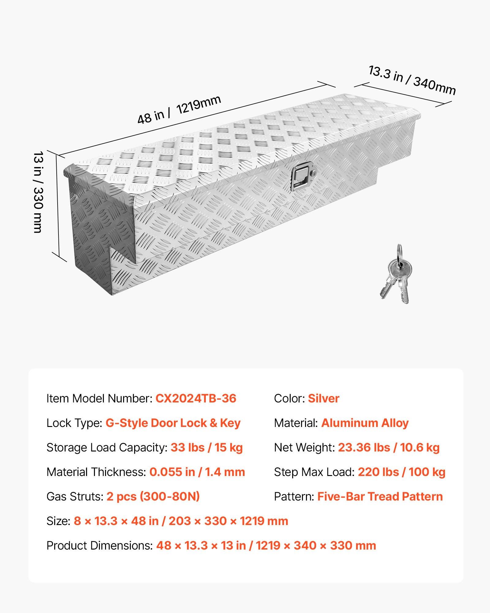 VEVOR Truck Bed Tool Box, Heavy Duty Aluminum Tool Box with Tread Patterns, Storage Toolbox Chest Organizer with Lock and Key, Ideal for Pickup, Truck Bed, RV, Trailer, 48 x 13.4 x 13 in, Silver