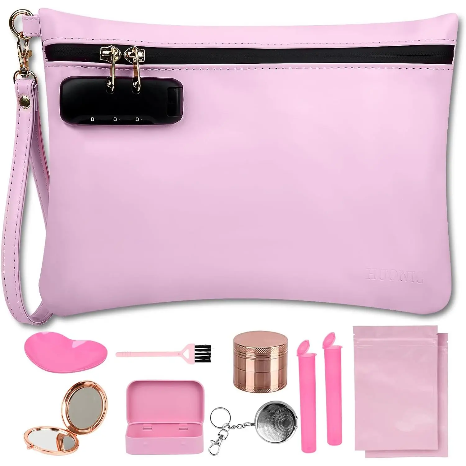 PU Smell Bag with 8 PCS Accessories, Cosmetic with Combination Lock, Great Gifts (Light Pink)