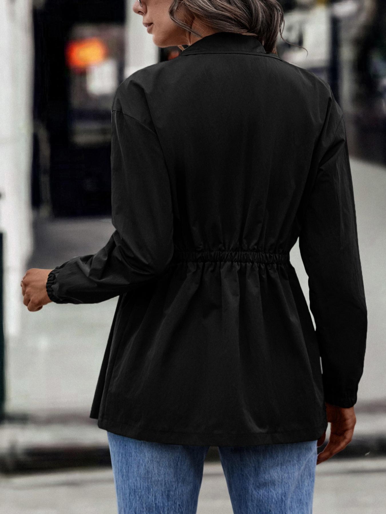 Women's Solid Woven Fabric Fitted Button Front Collar Jacket Coats, Casual Long Sleeve Outerwear for Spring & Fall, Ladies Clothes for Daily & Everyday Wear, Womenswear