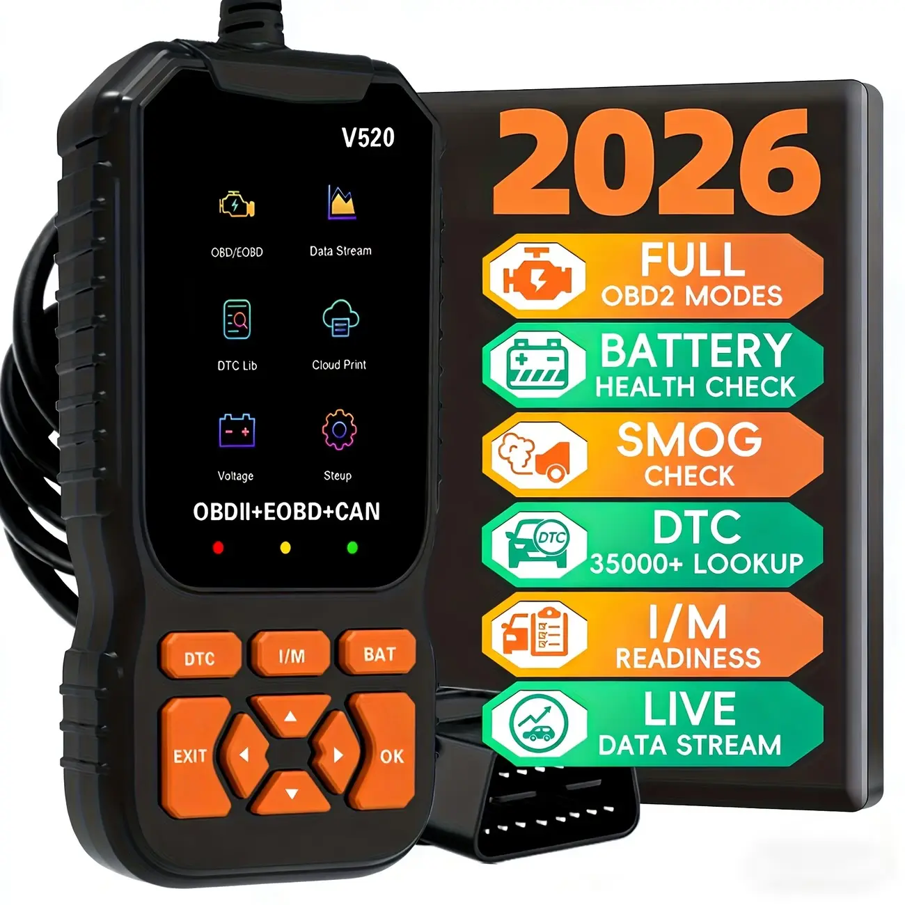 V520 OBD2 Diagnostic Code Reader, Check Engine Light Tester, Fits 1996 & Newer OBD2 Compliant Cars and Trucks with USB Charging Port