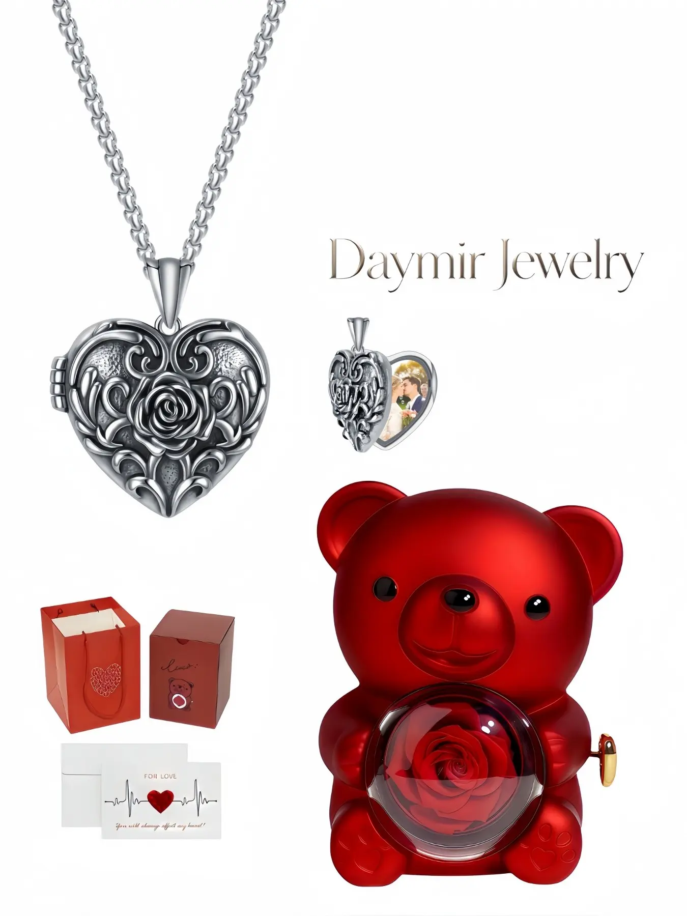 Silver memory‑keepsake locket necklace, vintage embossed‑rose hollow heart that opens for photos. Comes with cute rotating rose‑bear jewelry box, a wonderful surprise gift for date nights, birthdays, Mother’s Day, Valentine’s Day and Christmas.