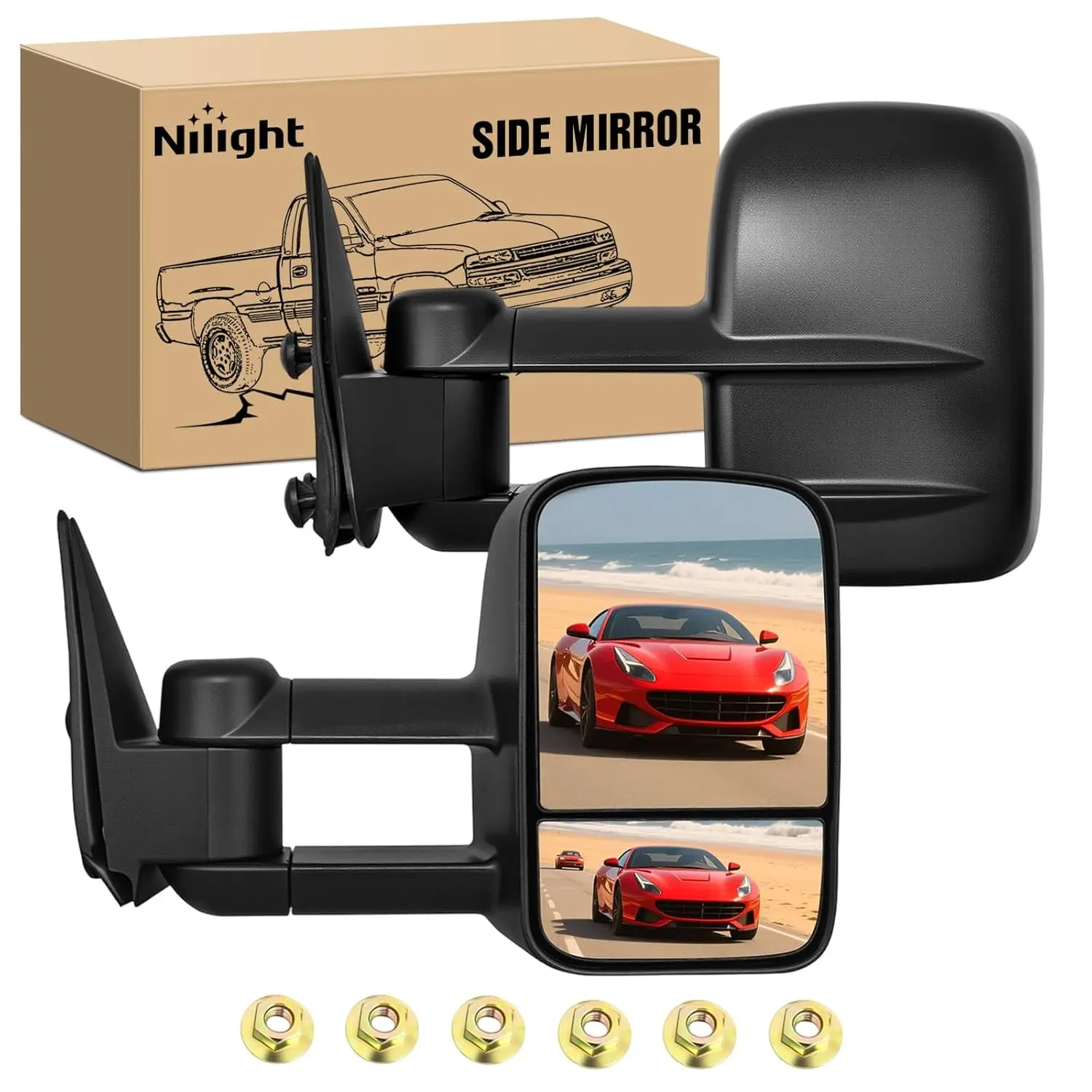 Nilight Extendable High Impact Towing Mirrors - Manual Adjustment, Flat/Convex Glass, Telescopic Fold, ABS Housing, Longer Wider Rear View Side Mirror Folding Kits for 1999-2002 Chevy Silverado, GMC Sierra 1500/2500/3500, Suburban, Tahoe, Avalanche, Yukon