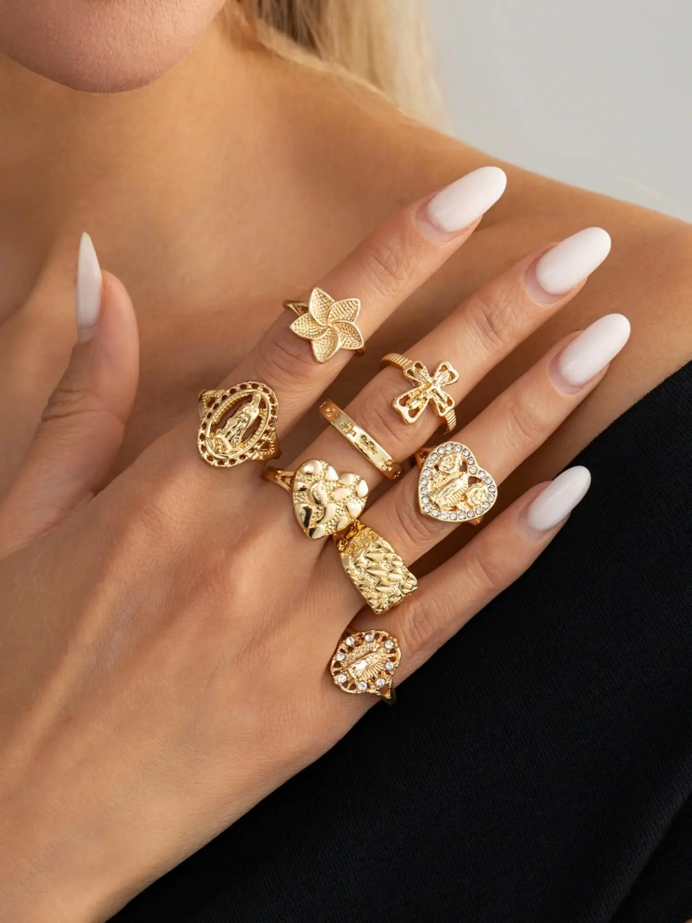 8-Piece Vintage Geometric Rhinestone Ring Set, Heart Flower Cross Rings for Women, Party & Daily Wear Jewelry Gift Set, Costume Jewelry Rings, Beautiful Rings