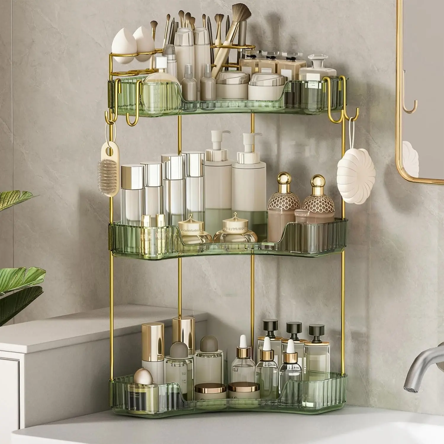 3-Tier Corner Bathroom Counter Organizer, Makeup & Skincare Shelf with Built-in Brush Holder, Space-Saving Bathroom Countertop Organizer for Skincare, Perfume, Cosmetics(Green)