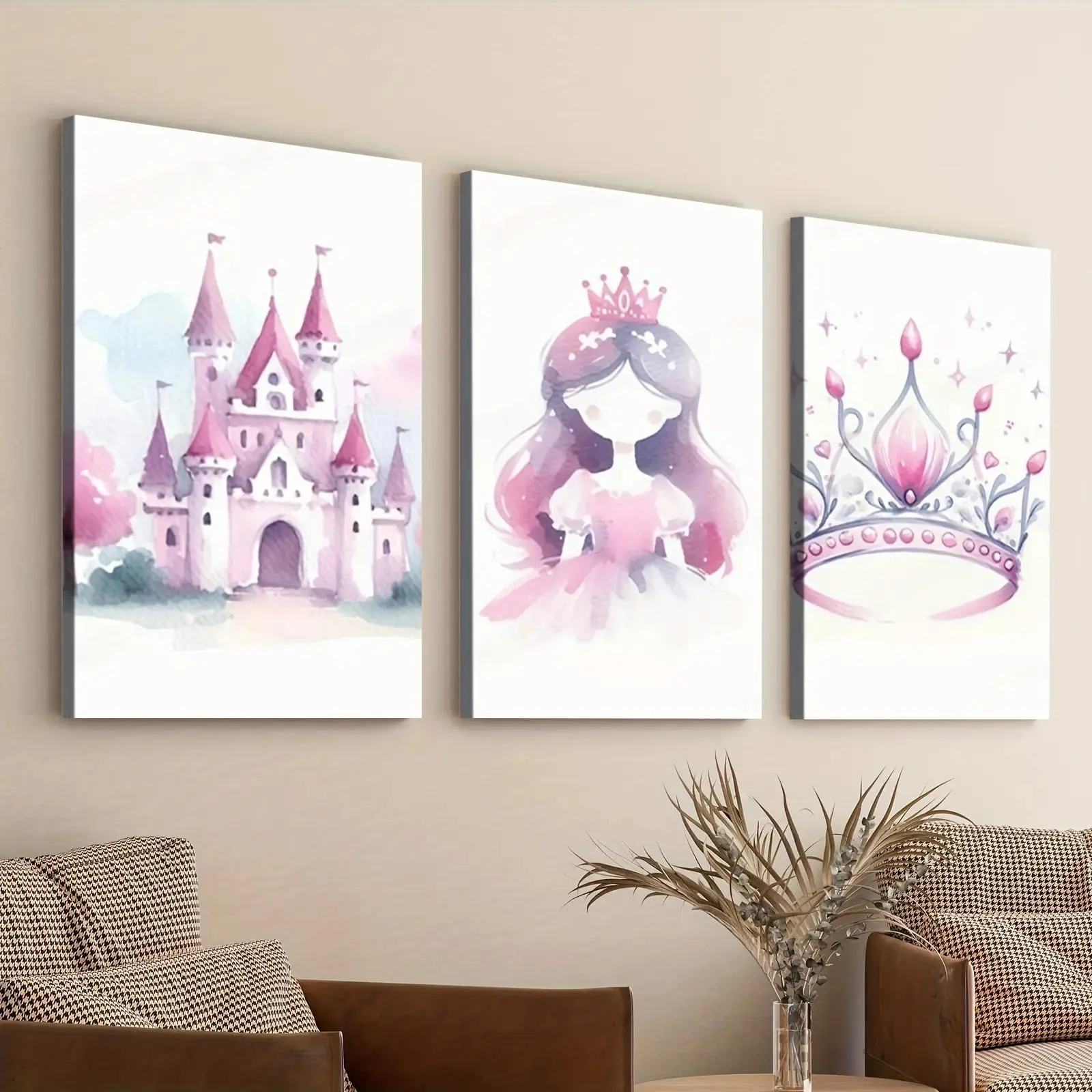 Princess Castle & Crown Pine Wood Artistic Wall Prints - 3-Piece Framed Set, Home Wall Decoration Posters, Gift Ideas for Art Lovers