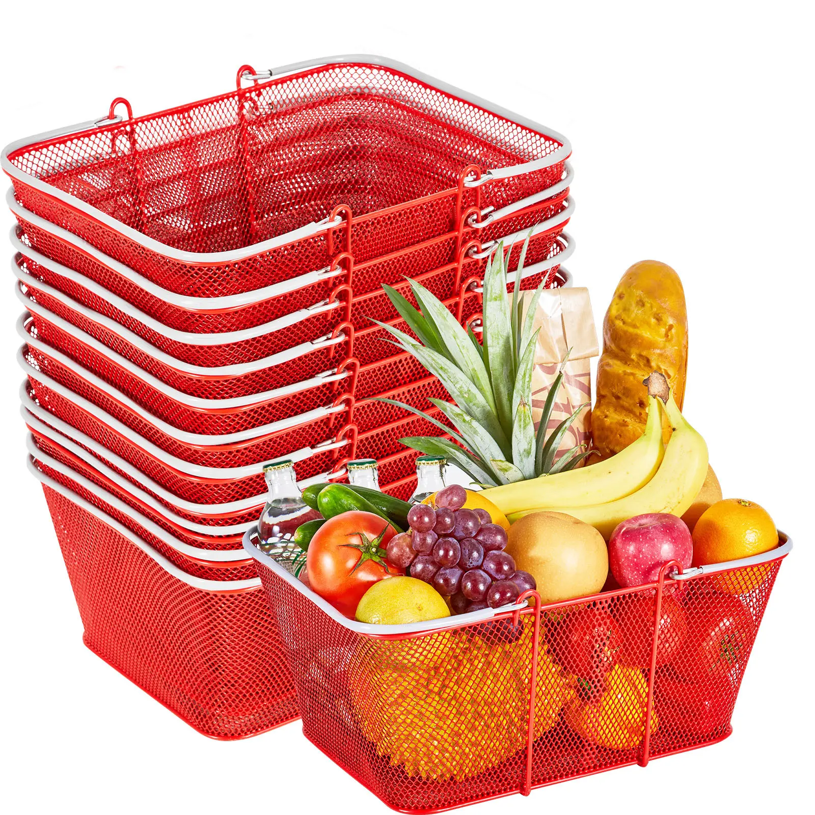 Shopping Baskets, 12 PCS, 22L Stackable Metal Grocery Baskets with Handles, Dense Mesh Structure, Holds up to 44 lbs, Portable for Grocery, Retail, Stores, Supermarket, Bookstore, Home Use, Red