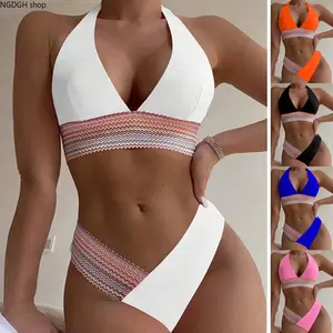 Colorful Wave Trim Bikini - Chic Halter Top with Sparkly Sequin Band and High Cut Bottom, Bold Glamorous Two Piece Swimwear, Elegant Feminine Summer Beach Outfit for Resort Holiday