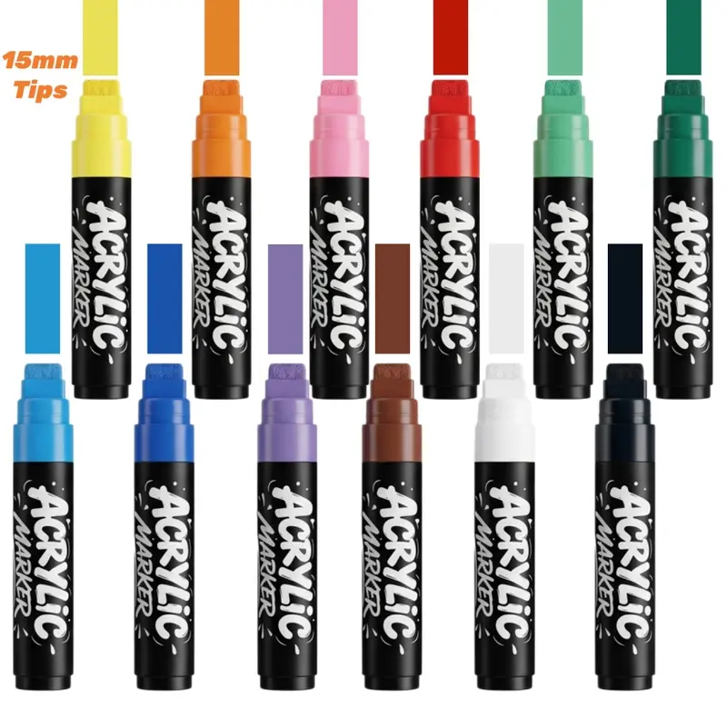 Large Jumbo Permanent Paint Markers, 3/12 Pack 15mm Wide Chisel Tip Acrylic Markers for Posters, Rock Painting, Graffiti, Ceramic, Glass, Wood, Stone and Canvas