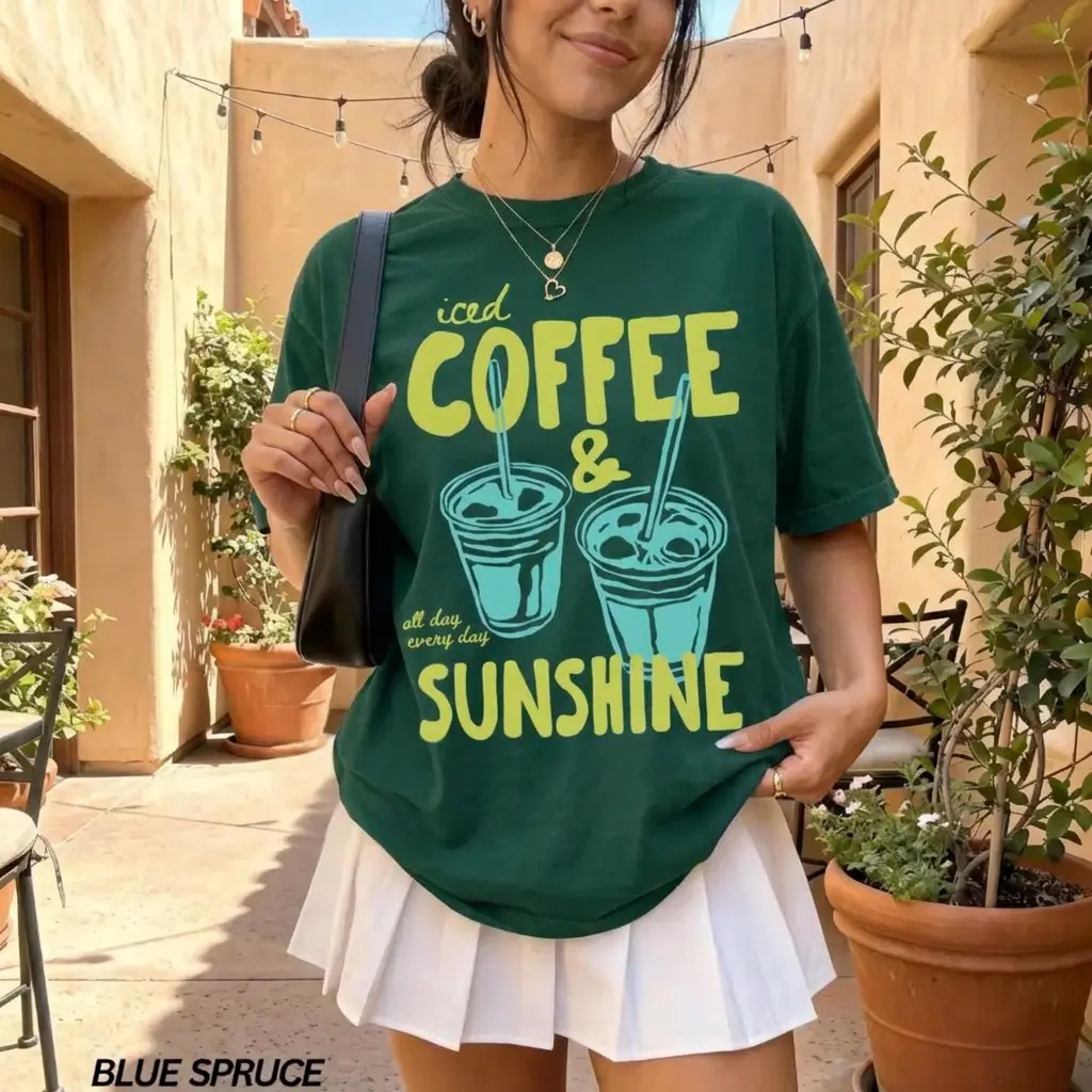 100% Cotton Graphic T-Shirt for Women, Retro 'Iced Coffee And Sunshine' Print, Casual Loose Fit Top, Comfortable Breathable Streetwear