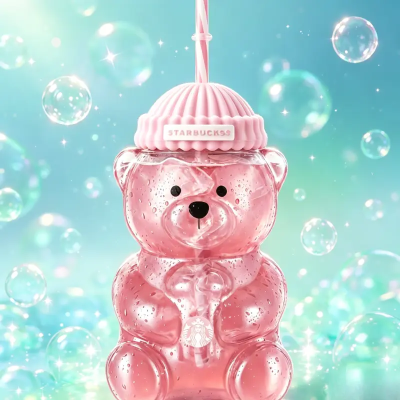 2026 Starbucks Limited Edition Barista Bear Pink Glass Cup, 590ml/20oz, Camp Kitchenware, Ideal Gift for Camping & Hiking Enthusiasts