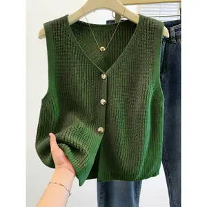 Retro button-front sleeveless knitted vest V-neck versatile sweater vest spring-summer fashion women's clothing