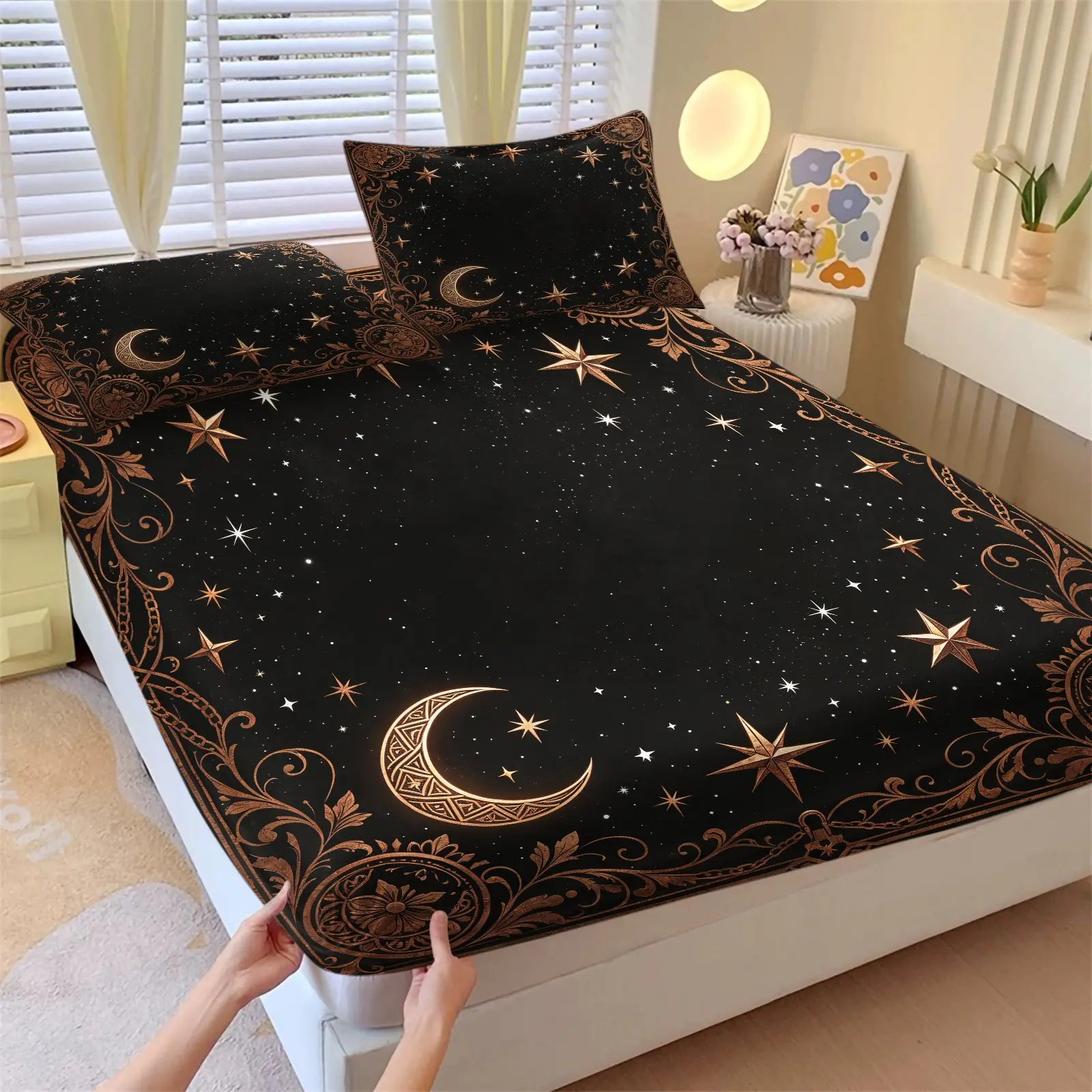 3Pcs Vintage Bronze Moon Star Fitted Sheet Set Soft Microfiber Deep Pocket Anti Wrinkle Celestial Bedding Set Ornate Antique Border Mystic Night Sky Bed Linens For Gothic Aesthetic Bedroom Decor