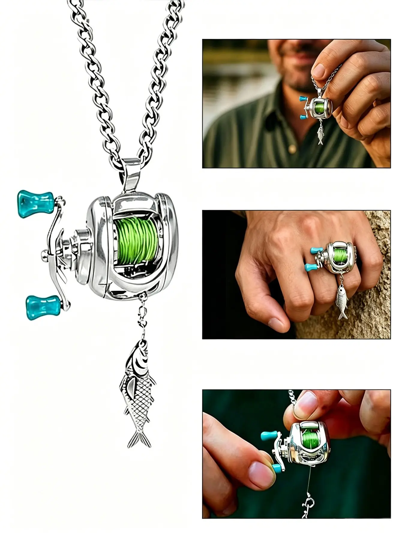 Fishing Reel Pendant Necklace & Ring Set, Detachable Fish Charm, Stainless Steel Fisherman Jewelry, Outdoor Angler Accessory, Fishing Lover Statement Ornament, Jewellery Gift Set, Birthday Anniversary Gift for Boyfriend Husband