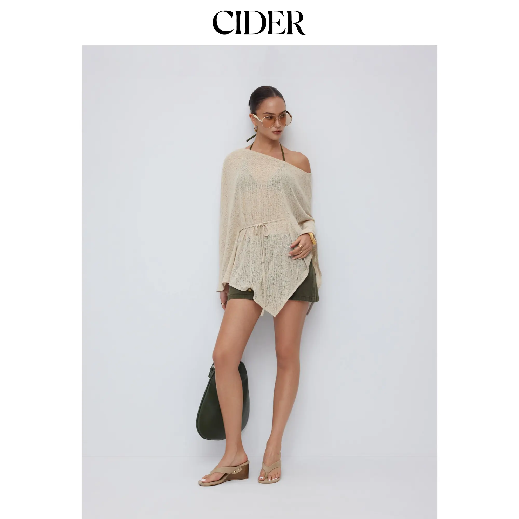Cider Textured Linen-blend Asymmetrical Neck Cloak Sleeve Top SummerWins SummerFinds
