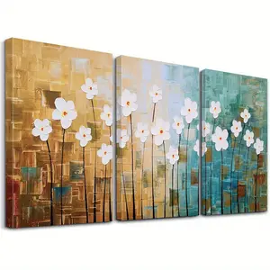 2D flat decorative painting, 3-piece set of modern abstract floral framed wall art--in turquoise and brown tones, suitable for living room, bedroom, and bathroom decoration, featuring a framed design with wrapped edges, minimalist white floral painting, n