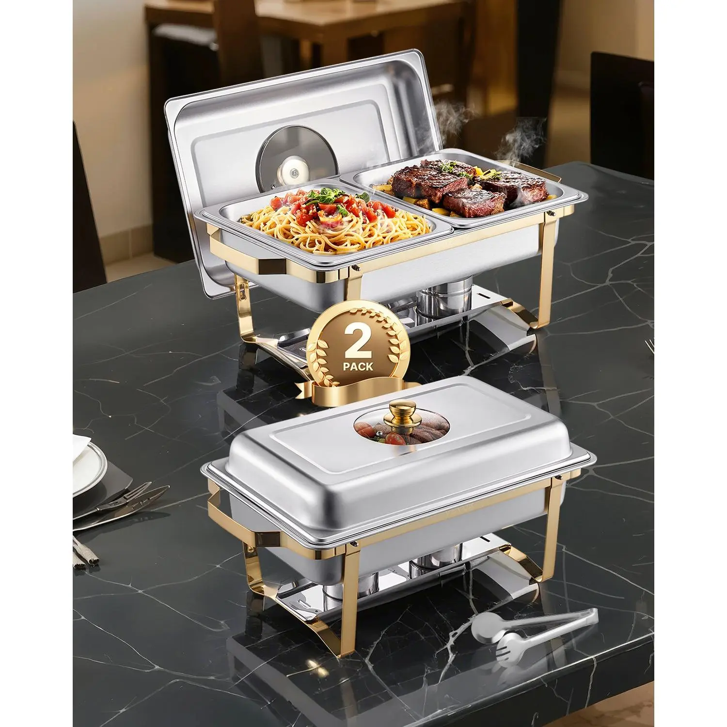 VEVOR 2-Pack 4 Qt Stainless Steel Rectangle Gold Chafing Dish Buffet Set, Catering Warmer Server with 4 Half-Size Pans, Glass Lid, Water Pan, Folding Stand, Fuel Holder, Space-Saving Design for Wedding, Banquet, Serving to Maintain Food Temperature
