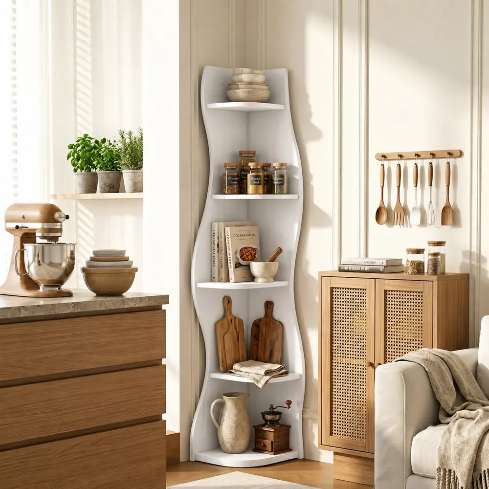 Littleox 5-Tier S-Shaped Corner Shelf, Modern Freestanding Curved Display Rack, Space-Saving Corner Bookshelf Plant Stand for Living Room, Bedroom, Bathroom, Home Office