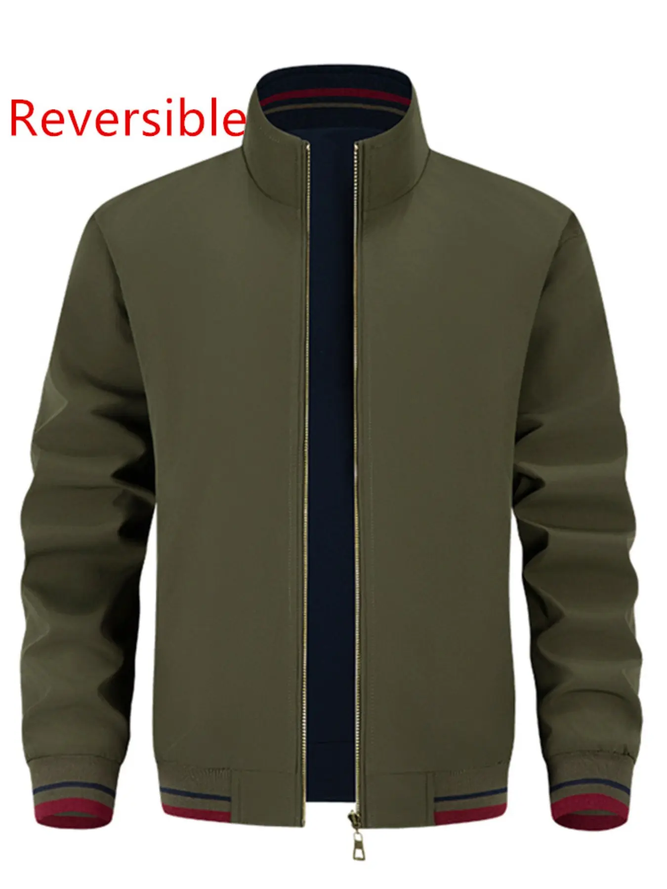 Men's Reversible Jacket with Standing Collar, Windproof Lightweight Coat, Striped Ribbed Neckline, Daily Commute Outerwear