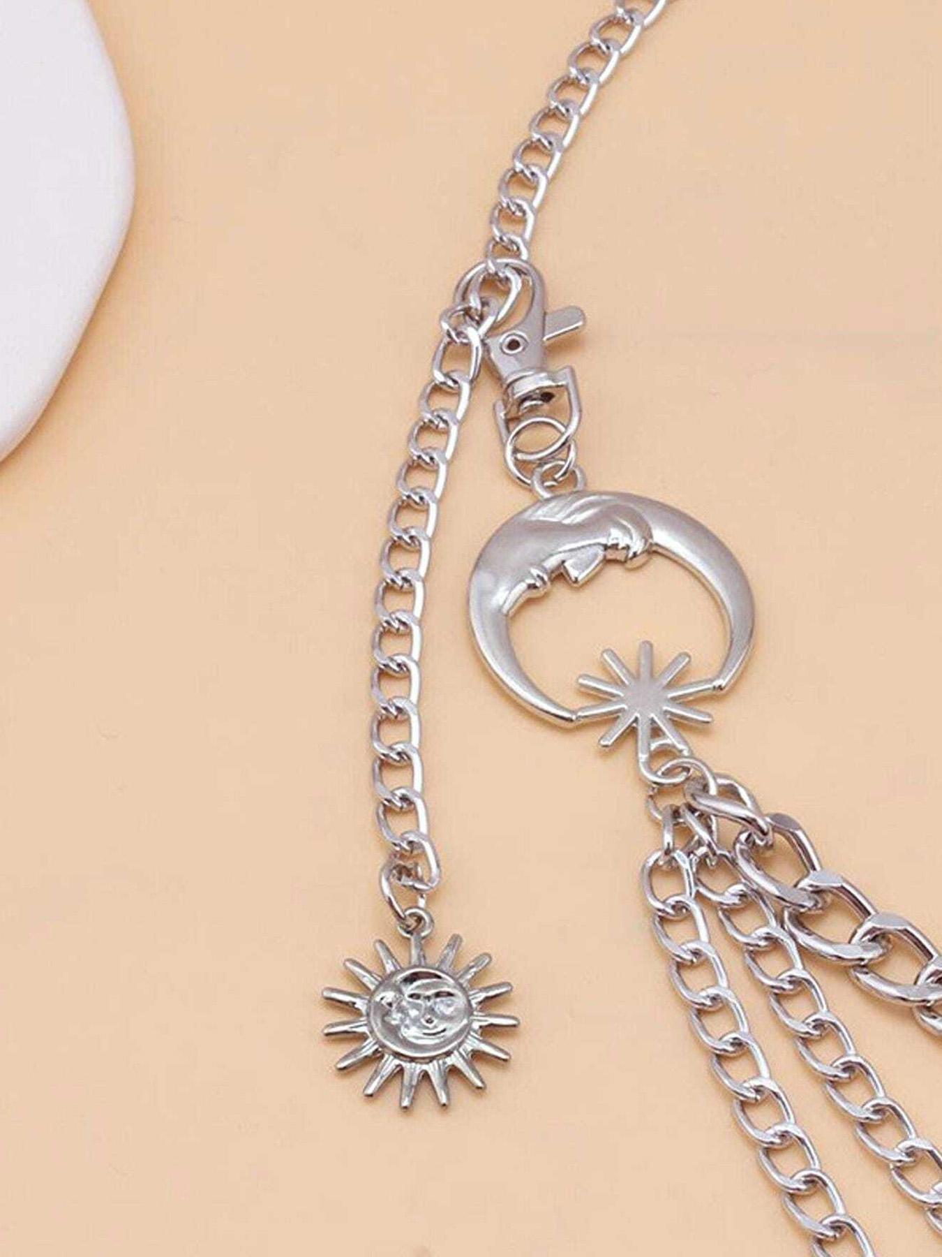 Women's Moon Design Layered Belts, Fashionable Rhinestone Decorated Adjustable Belt for Jeans & Dress, Casual Waistband for Daily Clothing Decor, Trendy All-match & Exquisite Belt for Birthday Gift, New Punk Boho Style Statement Belts, Star Decorated Belt