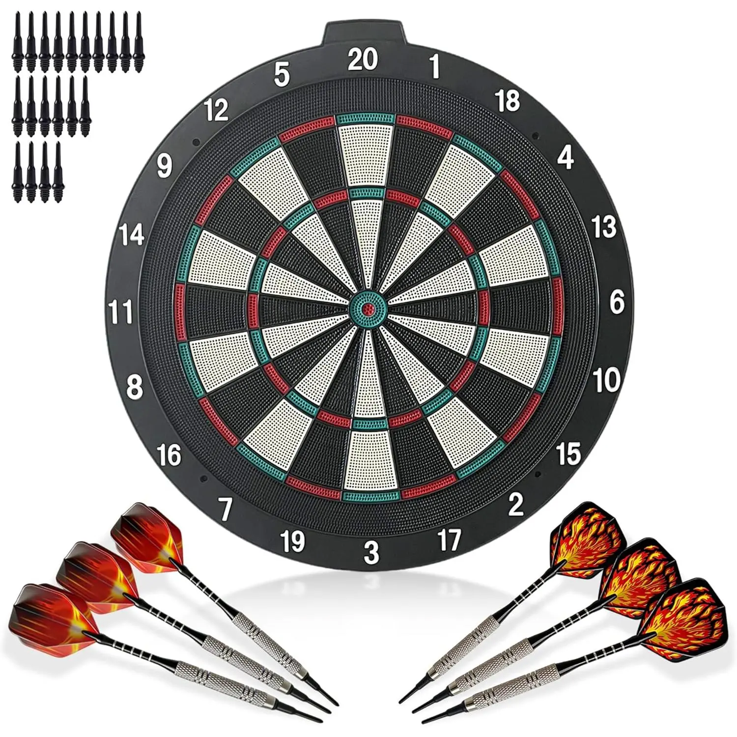 18-Inch Regulation Self-Healing Staple-Free Plastic Soft Tip Dart Board for Adults, Includes Extras, Aluminum Darts, Built-In Hanger, Versatile & Portable for Man Cave, Indoor Casual Family Fun, Easy Mounting
