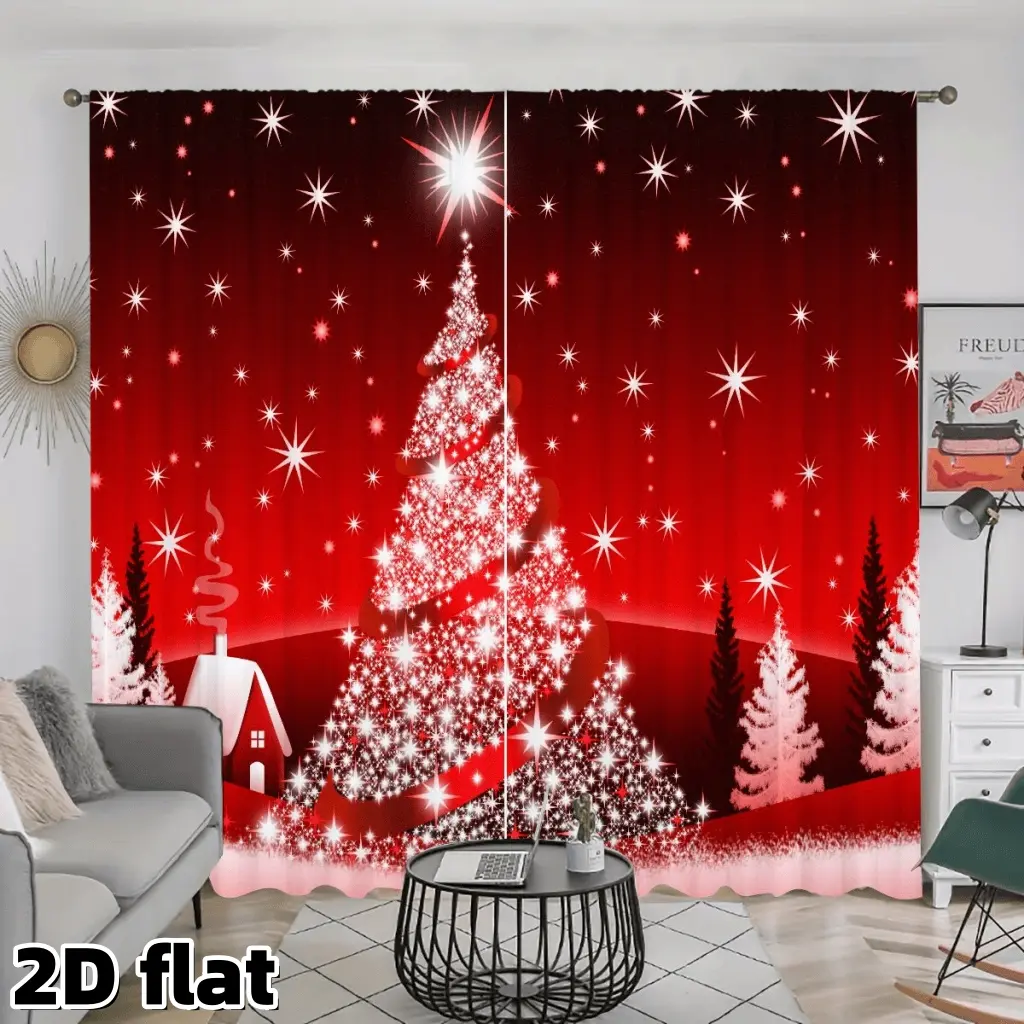 2D Flat 2Pcs Christmas Tree Curtains, Red Sparkle Winter Theme, Starry Night Design, White Light Snowflake Pattern, Rod Pocket Style, Semi Sunshade Polyester Fiber, Suitable for Living Room, Bedroom, Dining, Holiday Decoration, Window