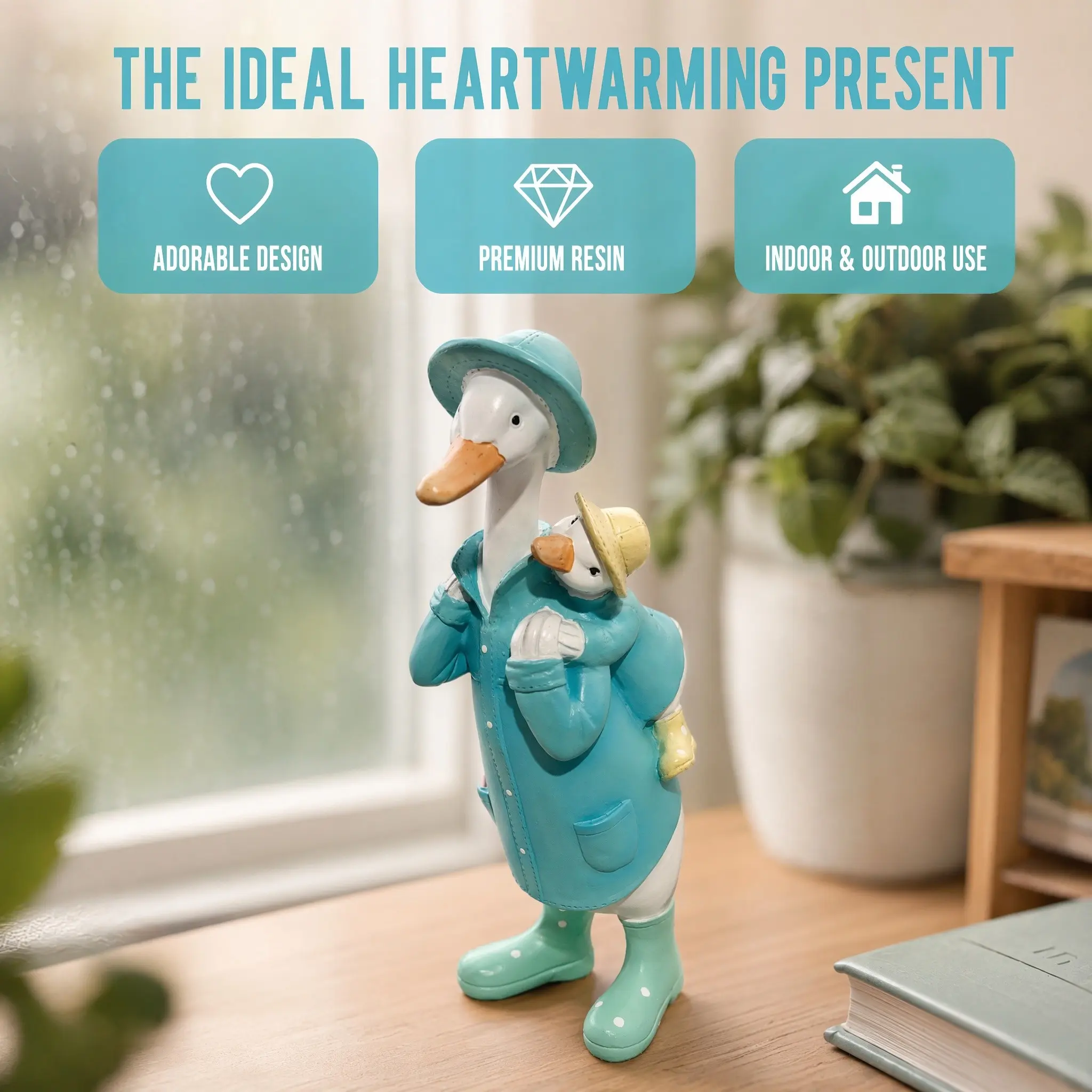 Family Duck Resin Statue Figurines, Blue Polka Dot Raincoat Duck Sculpture, Waterproof Indoor Outdoor Decor, Cozy Home Gift for Living Room Shelf Window Garden Shed