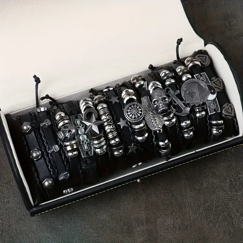 15pcs Punk Multi-Layer Bracelet Set, Braided Faux Leather Jewelry for Men, Casual Sports Accessories for Everyday & Party Wear, Alloy, Daily, Layered Set, Bracelets, Men's Jewelry, Braided Chain, Unisex, Men's Accessories, Gifts For Boyfriend