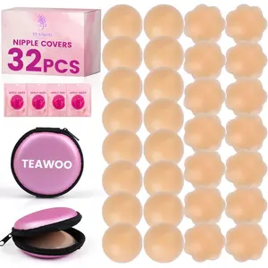 32 PCS Nipple Covers for Women, Reusable Nipple Coverings, Nipple Pasties, Boob Pasties, Reusable Silicone Adhesive Invisible Pasty Nipple Covers for Women with Travel Box PinkGift.