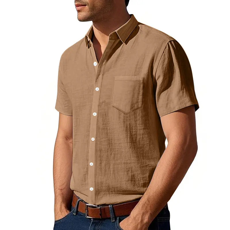 Men'S Linen Cooling Shirt Chest Pocket Lapel Collar Relaxed Fit Short Sleeve Casual