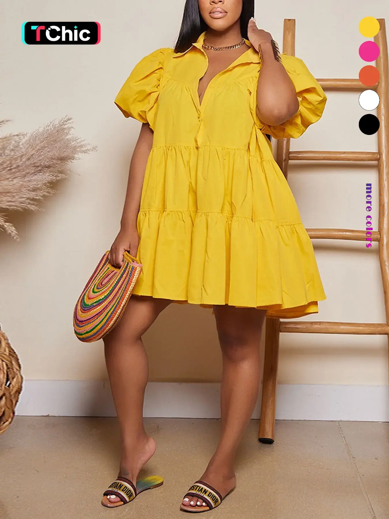 Women's Plain Ruffle Hem Button Front Smock Dress, Casual Puff Sleeve Collar Short Dress for Daily Wear, Ladies Clothes Womenswear for All Seasons Collared