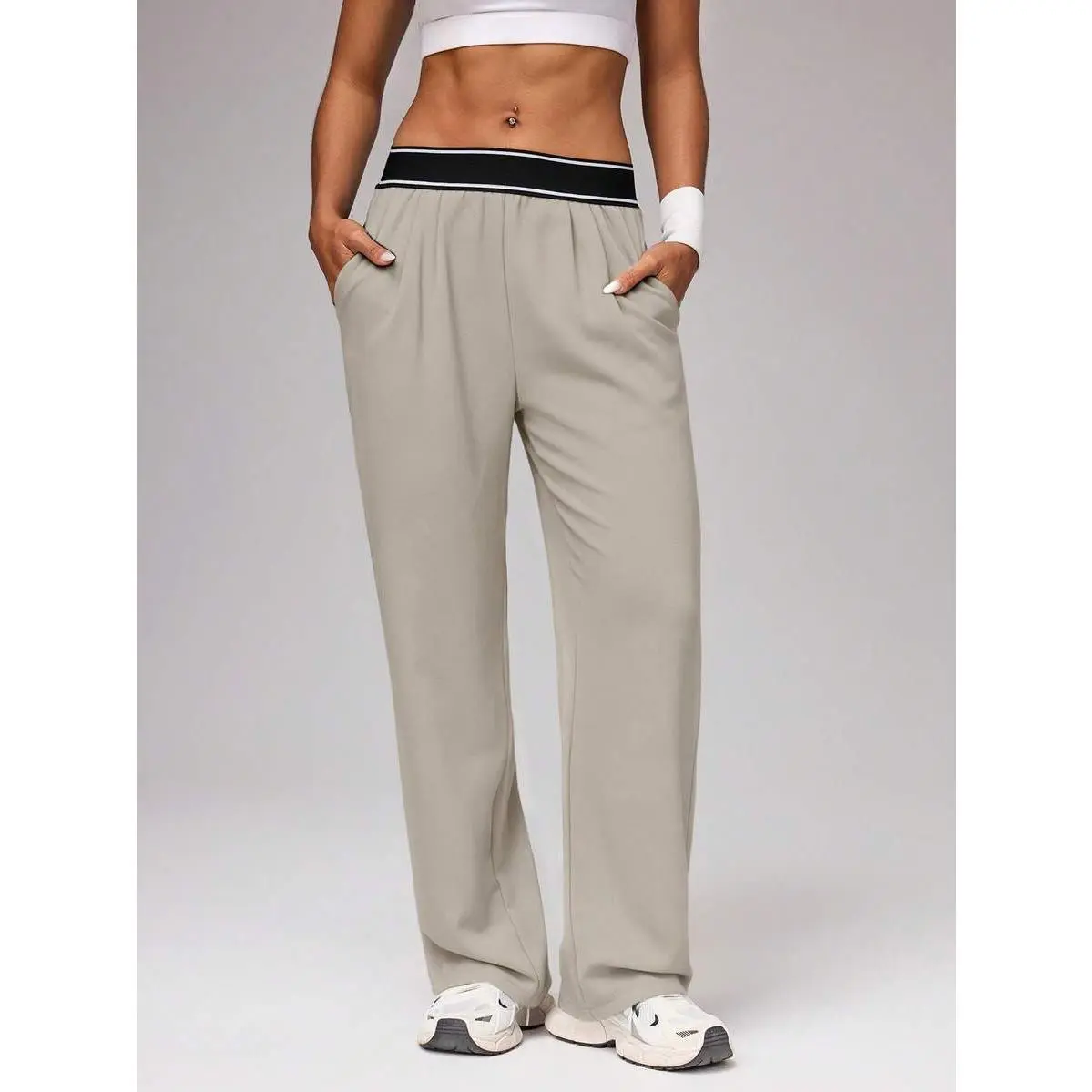 Women's 4-Way Stretch Casual Joggers - Lady's Wide Leg Stripe Bottom Sweatpants for Yoga, Scrub (Grey, Khaki), Fit