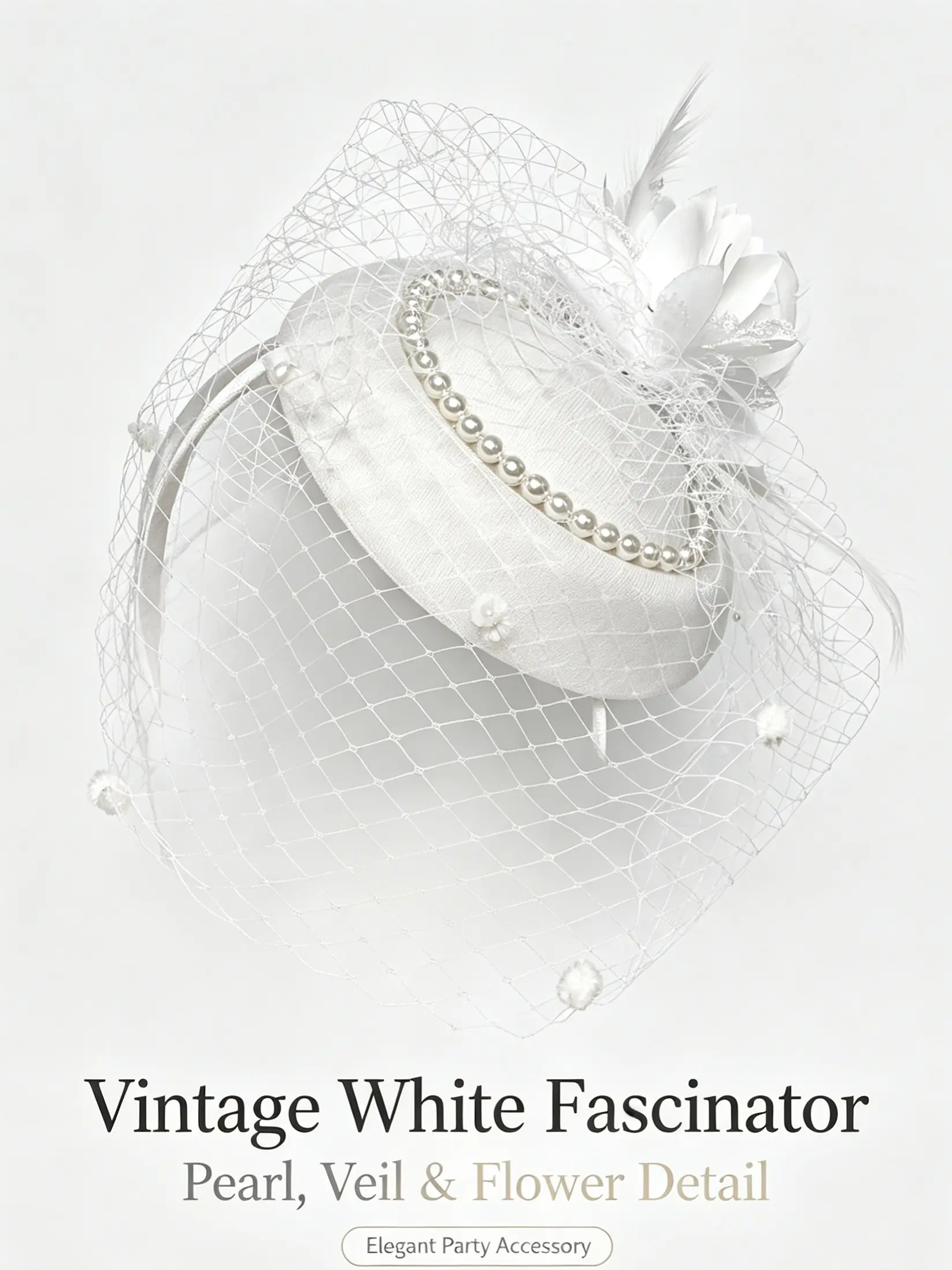 White Vintage Fascinator Hat With Birdcage Net Veil Pearl Trim Floral Feather Headband Elegant Hair Accessory For Wedding Bridal Tea Party Prom