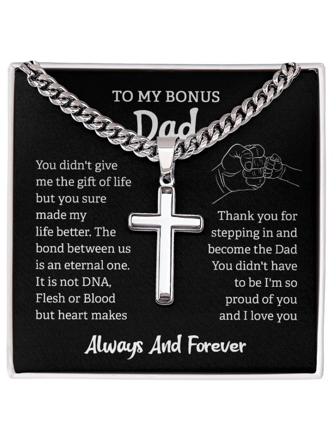 To My Bonus Dad Necklace Stainless Steel Cross Necklace with Message Card and Gift Box Inspirational Gift for Stepfather Thank You Gift Anniversary/Birthday Present for Him Casual Style Necklaces Chain Necklace Faith Pendant Necklace